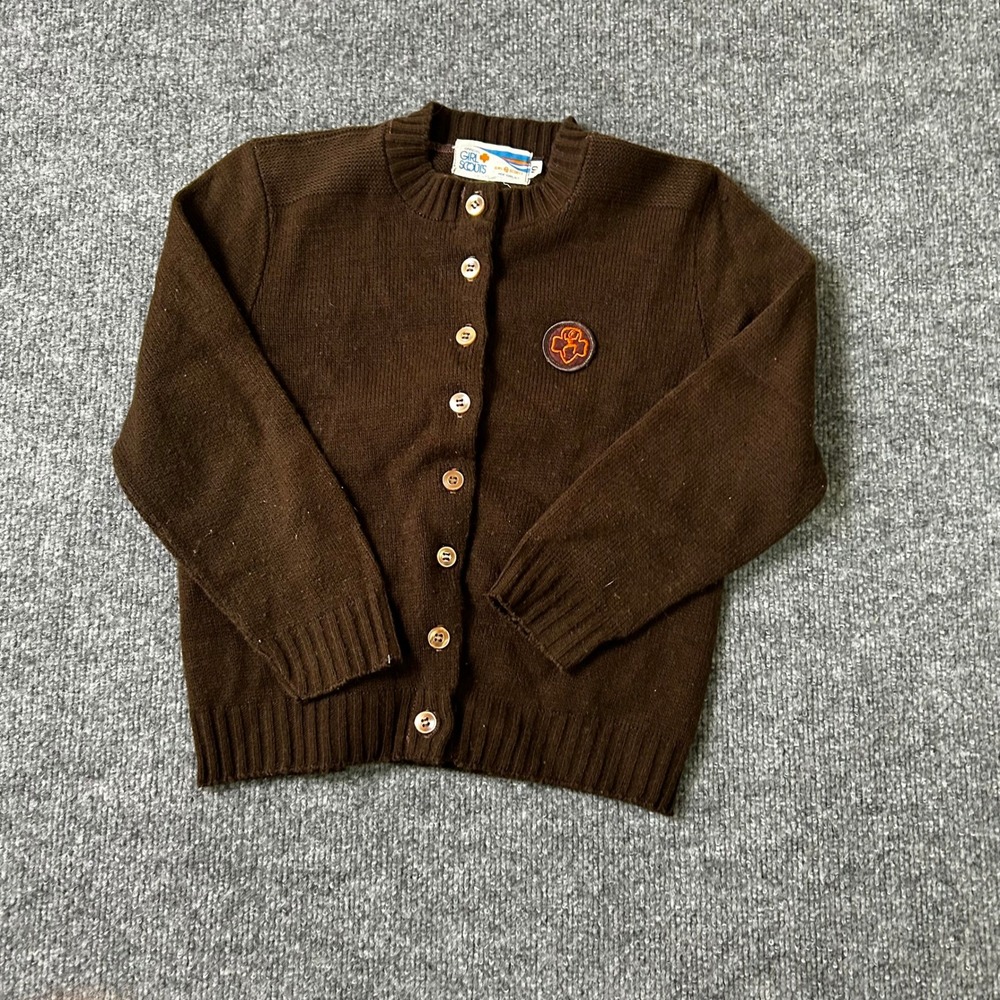 Girl Scouts Cardigan Girls Size 10 Brown Vintage Button Front Knit Uniform Patch